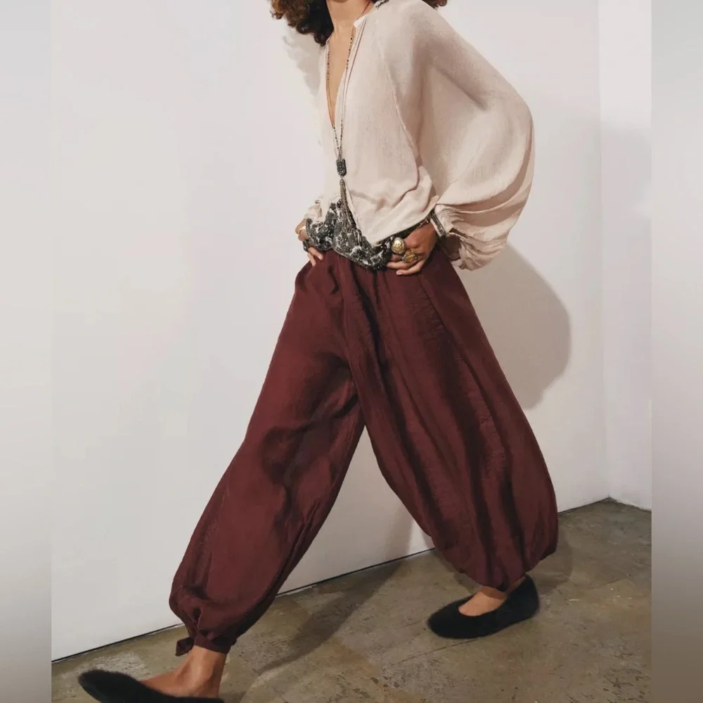 Zara ZW Collection Tie Waist Ballon Pants Brick NWT